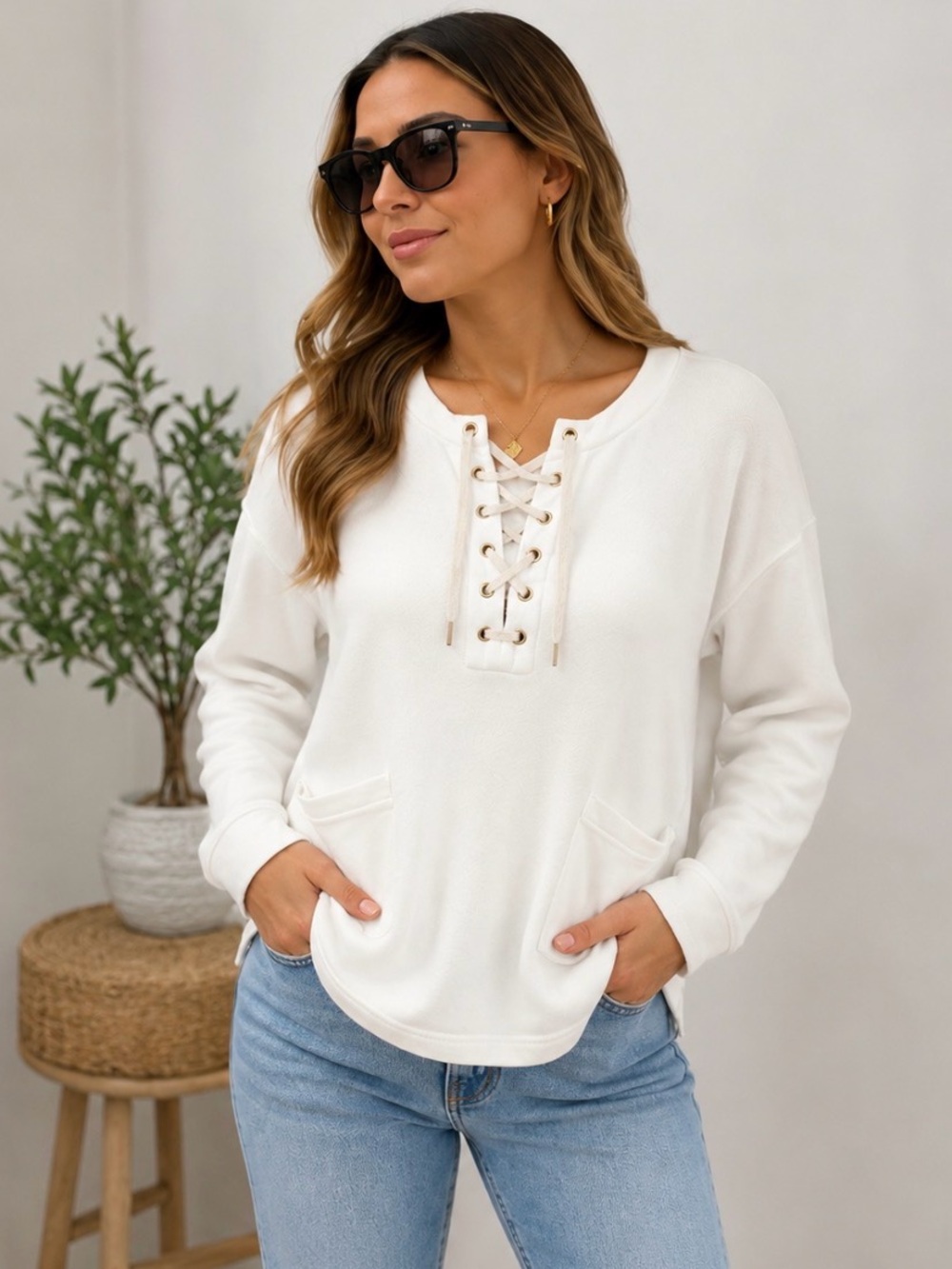 J. Crew White Lace-Up Sweatshirt S 100% Cotton Blend Pocket Pullover Cozy Casual